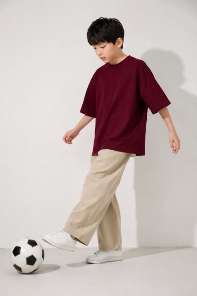 PockMAN Boys Oversized Solid Cotton Terry Classic Maroon Tshirt