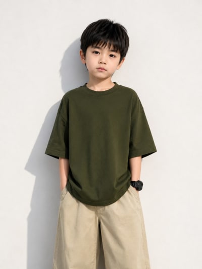 PockMAN Boys Oversized Solid Cotton Terry Classic Dark Olive Tshirt
