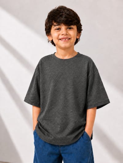 PockMAN Boys Oversized Solid Cotton Terry Classic Charcoal Grey Tshirt
