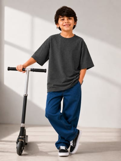 PockMAN Boys Oversized Solid Cotton Terry Classic Charcoal Grey Tshirt