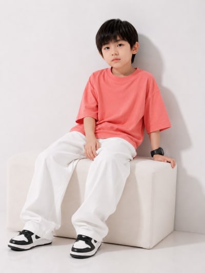 PockMAN Boys Oversized Solid Cotton Terry Classic Light Red Tshirt