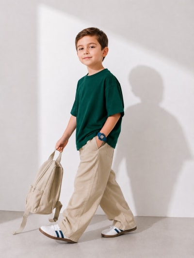 PockMAN Boys Oversized Solid Cotton Terry Classic Bottle Green Tshirt