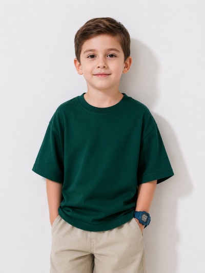 PockMAN Boys Oversized Solid Cotton Terry Classic Bottle Green Tshirt