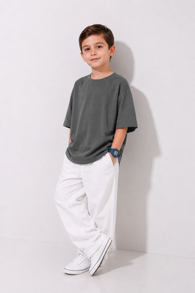 PockMAN Boys Oversized Solid Cotton Terry Classic Light Grey Tshirt