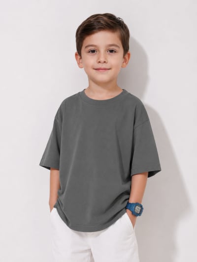 PockMAN Boys Oversized Solid Cotton Terry Classic Light Grey Tshirt