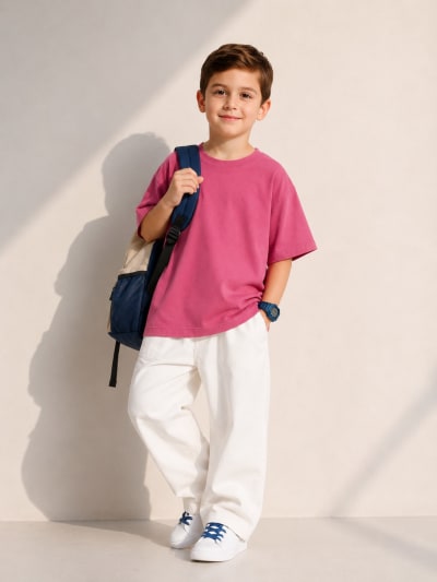PockMAN Boys Oversized Solid Cotton Terry Classic Coral Pink Tshirt