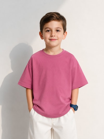 PockMAN Boys Oversized Solid Cotton Terry Classic Coral Pink Tshirt