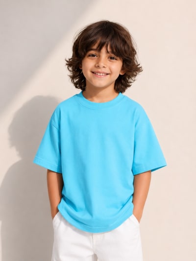 PockMAN Boys Oversized Solid Cotton Terry Classic Cloudy Blue Tshirt