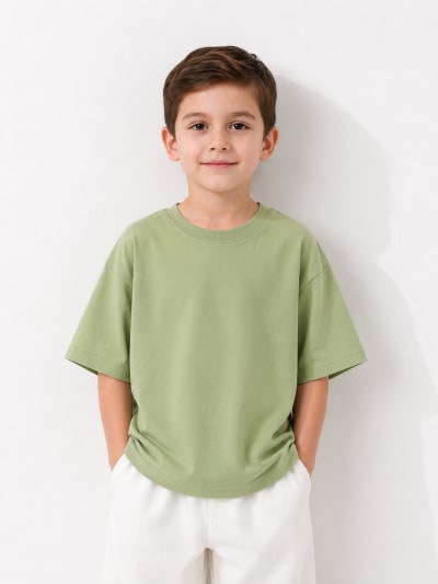 PockMAN Boys Oversized Solid Cotton Terry Classic Dull Green Tshirt