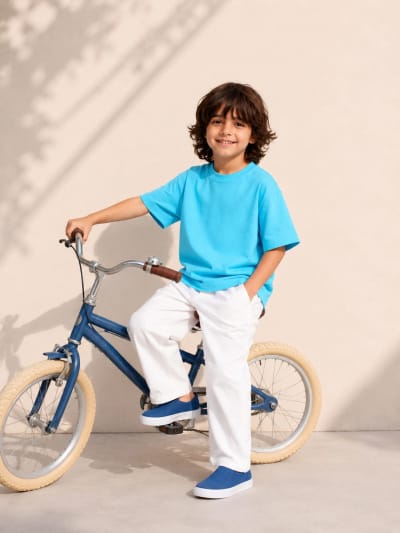 PockMAN Boys Oversized Solid Cotton Terry Classic Cloudy Blue Tshirt