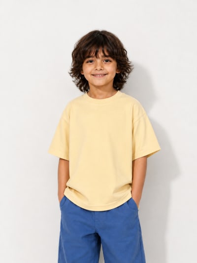 PockMAN Boys Oversized Solid Cotton Terry Classic Fawn Beige Tshirt