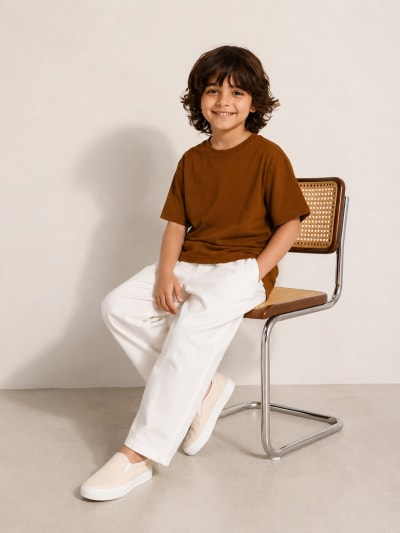 PockMAN Boys Oversized Solid Cotton Terry Classic Brown  Tshirt