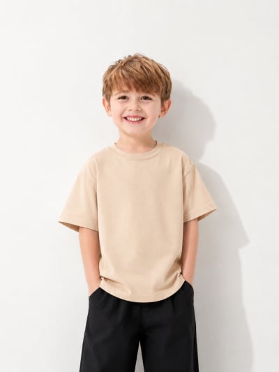 PockMAN Boys Oversized Solid Cotton Terry Classic Desert Sand Tshirt