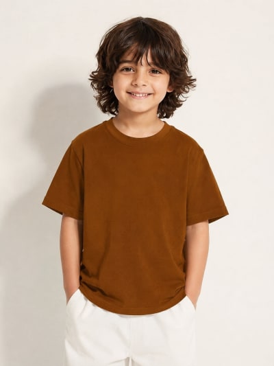 PockMAN Boys Oversized Solid Cotton Terry Classic Brown  Tshirt