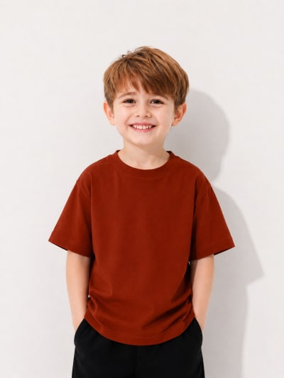 PockMAN Boys Oversized Solid Cotton Terry Classic Rust Red Tshirt