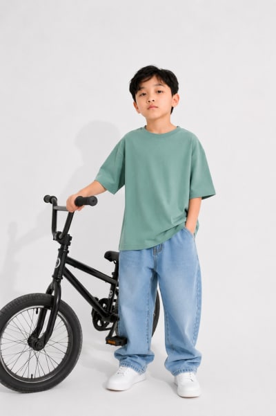 PockMAN Boys Oversized Solid Cotton Terry Classic Greyish Teal Tshirt