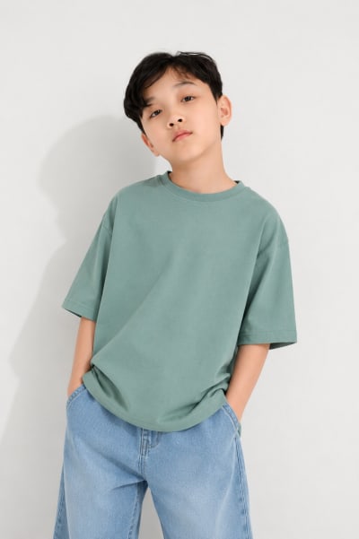 PockMAN Boys Oversized Solid Cotton Terry Classic Greyish Teal Tshirt