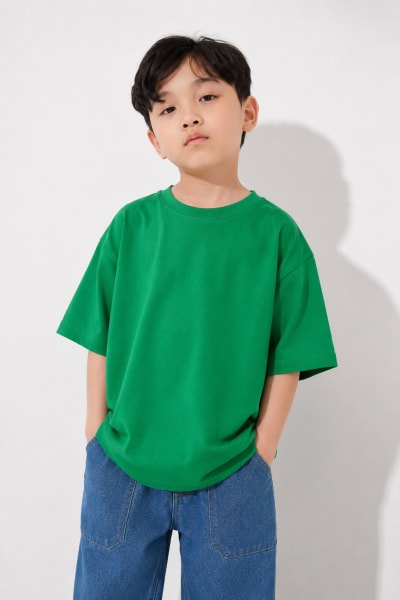 PockMAN Boys Oversized Solid Cotton Terry Classic Green Tshirt