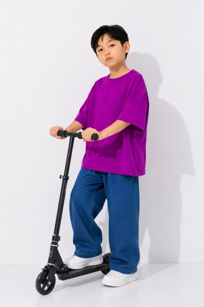 PockMAN Boys Oversized Solid Cotton Terry Classic Dark Fuchsia Tshirt