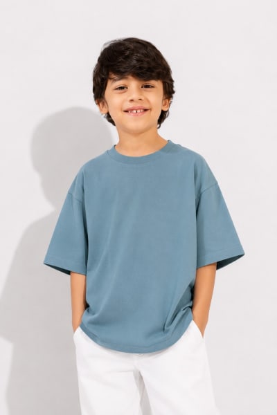 PockMAN Boys Oversized Solid Cotton Terry Classic Moonstone Blue Tshirt