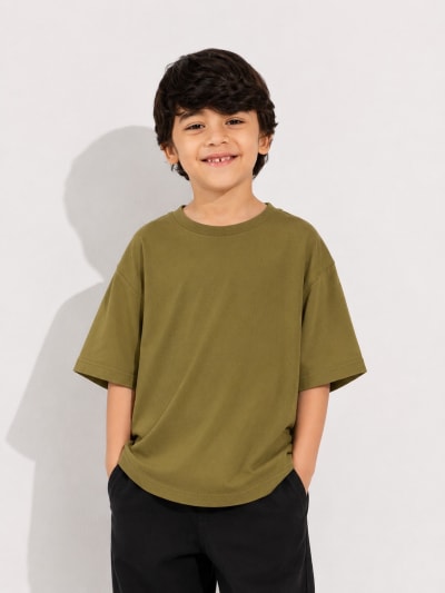 PockMAN Boys Oversized Solid Cotton Terry Classic Olive Tshirt