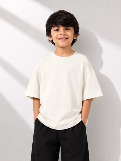 PockMAN Boys Oversized Solid Cotton Terry Classic Off White Tshirt