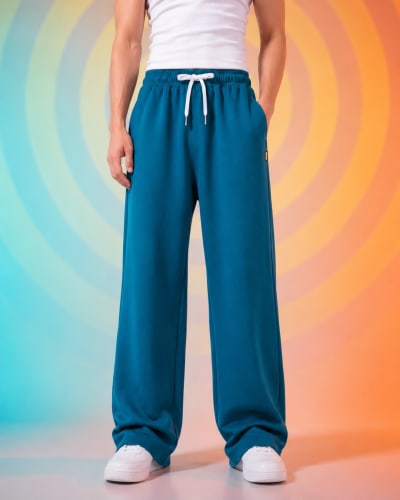 Pockman Men Relaxed Fit Solid Cotton Terry Teal Jogger