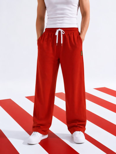 Pockman Men Relaxed Fit Solid Cotton Terry Rust Red Jogger