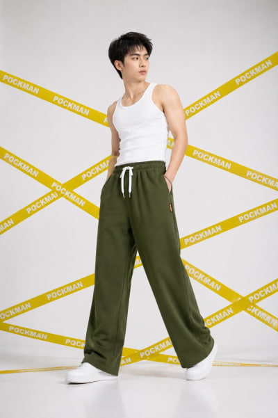 Pockman Men Relaxed Fit Solid Cotton Terry Olive Jogger
