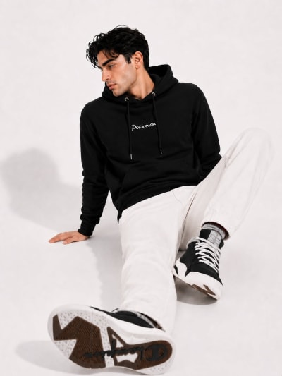 Pockman Men Regular Fit Cotton Black Hoodie
