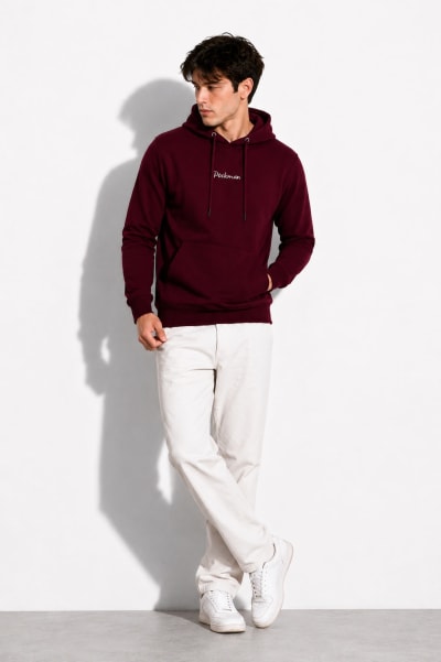 Pockman Men Regular Fit Cotton Burgundy Hoodie