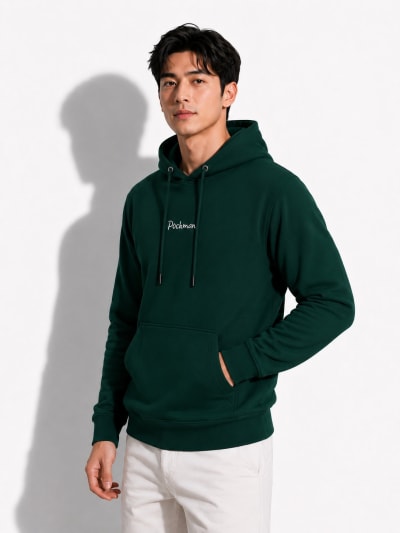 Pockman Men Regular Fit Cotton Bottle Green Hoodie