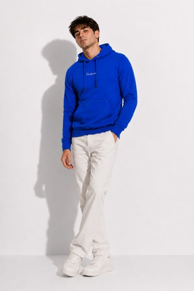 Pockman Men Regular Fit Cotton Royal Blue Hoodie