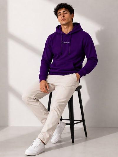 Pockman Men Regular Fit Cotton Violet Hoodie