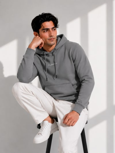 Pockman Men Regular Fit Cotton Dark Grey Hoodie
