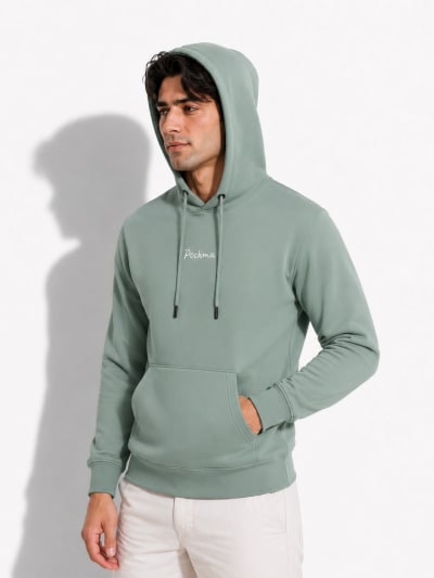 Pockman Men Regular Fit Cotton Sage Green Hoodie