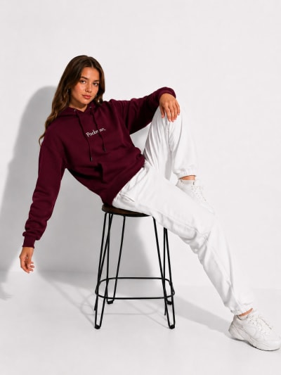 Pockman Women Regular Fit Cotton Burgundy Hoodie
