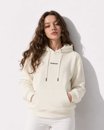 Pockman Women Regular Fit Cotton Off White Hoodie