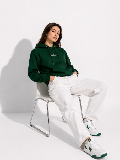 Pockman Women Regular Fit Cotton Bottle Green Hoodie