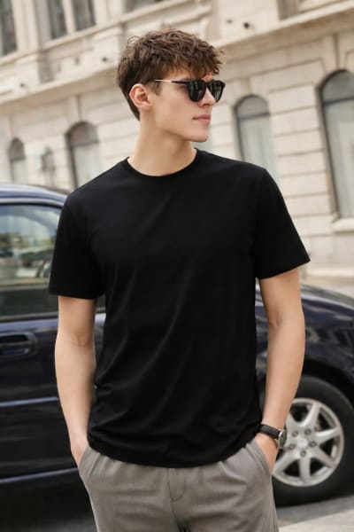PockMAN Relaxed Fit Cotton Classic Round Neck Black Tshirt