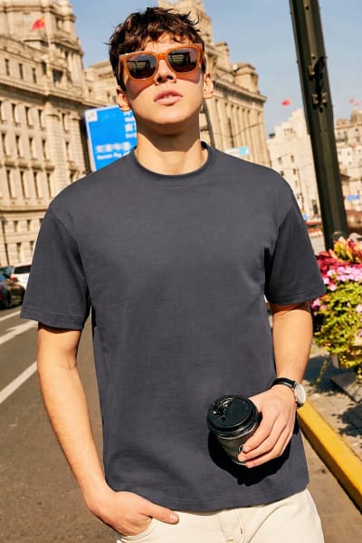 PockMAN Relaxed Fit Cotton Classic Round Neck Grey Tshirt