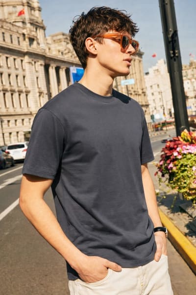 PockMAN Relaxed Fit Cotton Classic Round Neck Grey Tshirt
