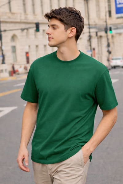 PockMAN Relaxed Fit Cotton Classic Round Neck Green Tshirt
