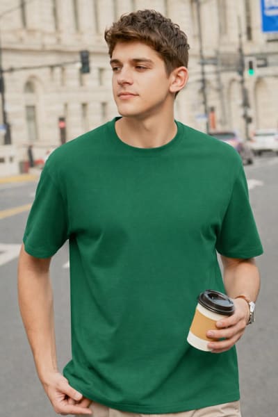 PockMAN Relaxed Fit Cotton Classic Round Neck Green Tshirt