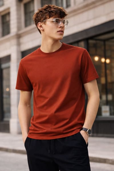 PockMAN Relaxed Fit Cotton Classic Round Neck Rust Tshirt
