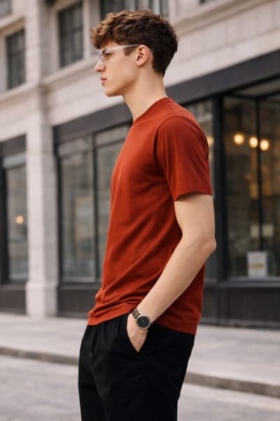 PockMAN Relaxed Fit Cotton Classic Round Neck Rust Tshirt