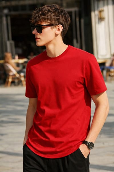 PockMAN Relaxed Fit Cotton Classic Round Neck Red Tshirt