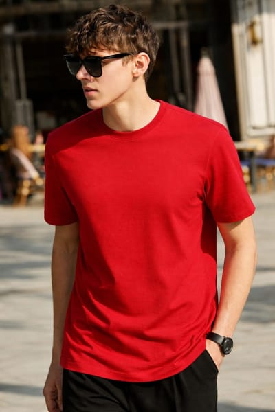 PockMAN Relaxed Fit Cotton Classic Round Neck Red Tshirt