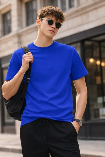 PockMAN Relaxed Fit Cotton Classic Round Neck Royal Blue Tshirt