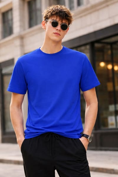 PockMAN Relaxed Fit Cotton Classic Round Neck Royal Blue Tshirt